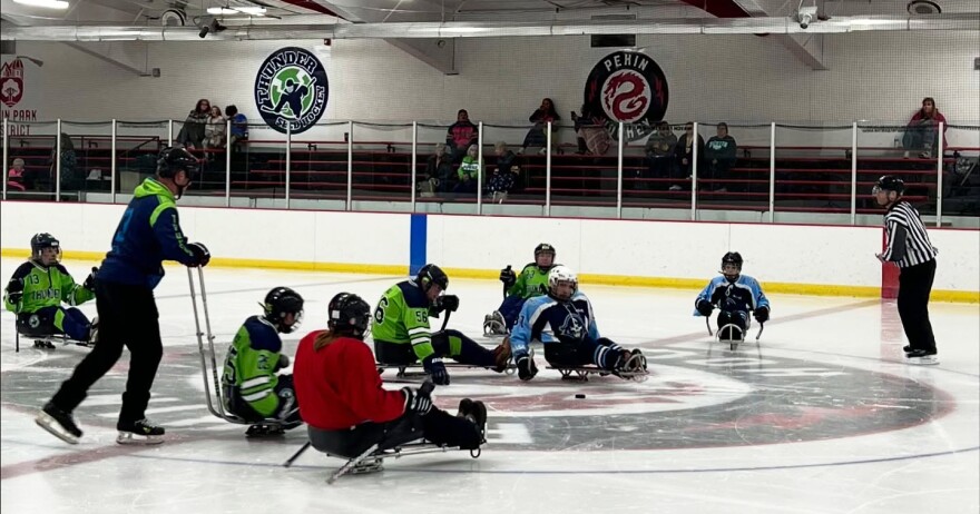 The WASA Admirals sled-hockey team at a 2025 tournament in Pekin, Illinois.