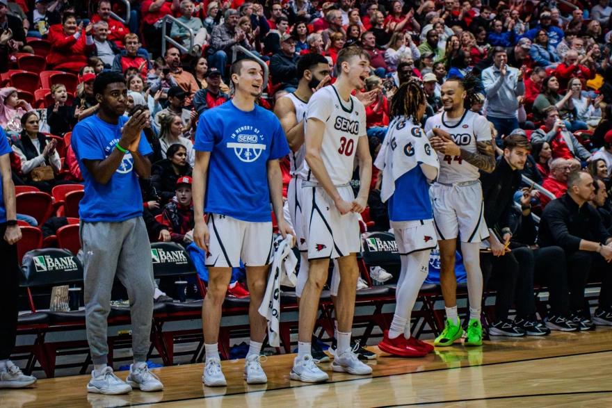 The Redhawks' bench celebrates after a dunk in game against Lindenwood at the Show Me Center.