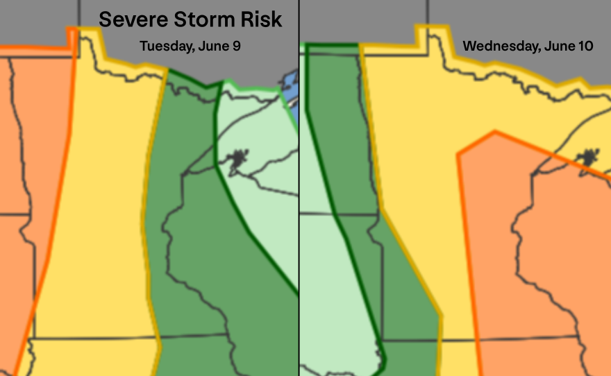 The National Weather Service's Storm Prediction Center has placed portions of the state under Enhanced Risk (orange) and Slight Risk (yellow) for severe weather between June 9-10, 2026, with several rounds of storms predicted. Threats include severe wind, tornadoes, hail and heavy localized rainfall leading to flash flooding.