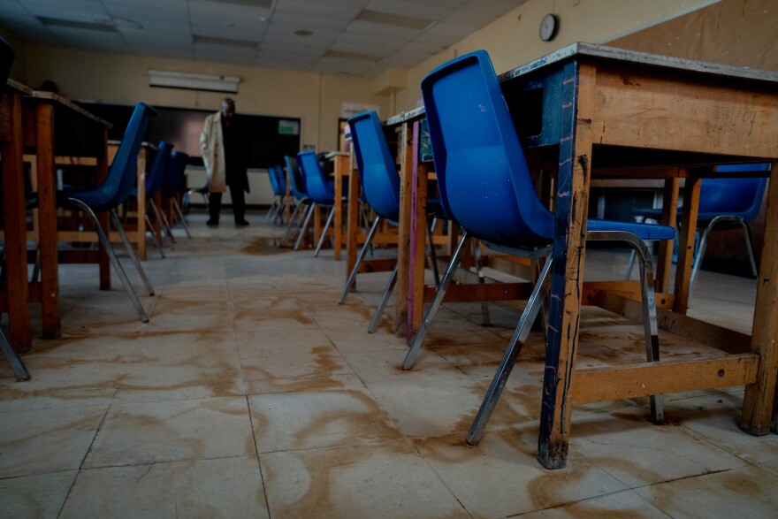 A Sumner High School art classroom, pictured on Wednesday, Nov. 5, 2025, has extensive water damage from rainstorms subsequent to last May’s deadly tornado that ripped through north St. Louis.