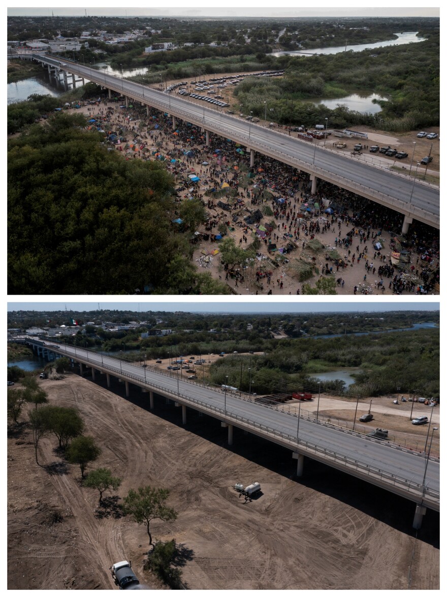 A combination of drone pictures shows migrants taking shelter as they wait to be processed near the Del Rio International Bridge after crossing the Rio Grande into the U.S. from Ciudad Acuna in Del Rio, Texas, September 18, 2021 (top), and the makeshift migrant border camp near the Del Rio International Bridge after it was cleared in Del Rio, Texas, U.S. September 24, 2021. REUTERS/Adrees Latif