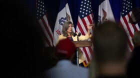 Sen. Joni Ernst, R-IA, speaking before Vice President Mike Pence takes the stage on the Iowa State Fairgrounds. 8/13/2020