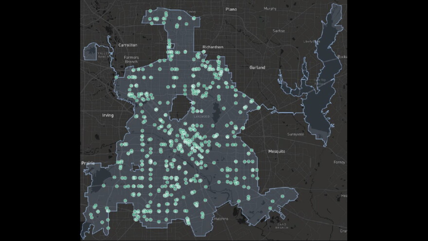 A map showing Dallas Police Department's Flock camera locations in the city, presented during the Sept. 8, 2026 Public Safety Committee.