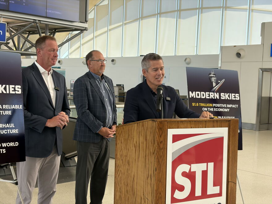 Transportation Secretary Sean Duffy joins Missouri U.S. Sen Eric Schmitt at  St. Louis Lambert International Airport to promote the $30 billion Modern Skies Act.