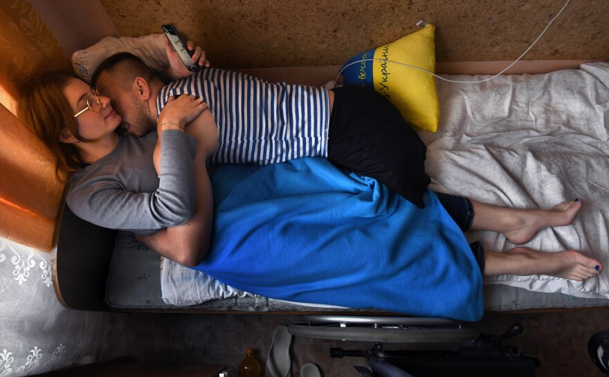 Misha and Ira spend a lot of time in this tiny room at the Truskavets City Hospital, near Lviv, as he undergoes rehabilitation.