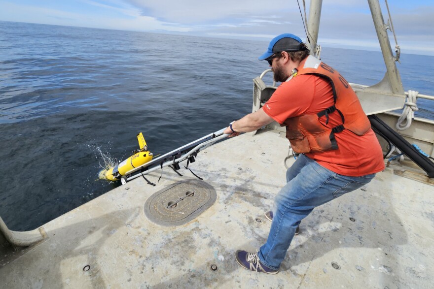 An Oregon State University researcher deploys an autonomous underwater "glider" off the coast of Newport, Oregon, on July 2, 2026.