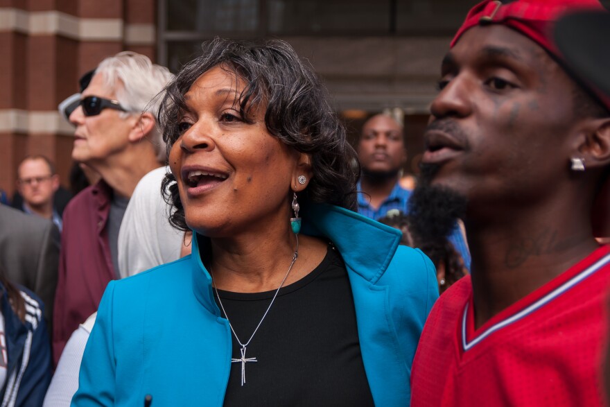 Arlene Holt Baker, executive vice president emerita of the AFL-CIO, joins state Rep. Bruce Franks outside America's Center on Saturday, Oct. 21, 2017.