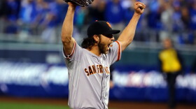 Madison Bumgarner celebrates after the San Francisco Giants defeated the Kansas City Royals in Game 7 to win the 2014 World Series.