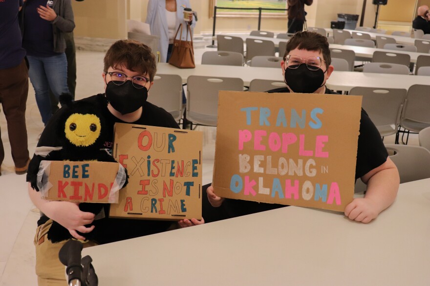 Protestors at the Oklahoma State Capitol. They were protesting House Bill 2177, a bill that bans gender affirming care for minors and limits it for adults.