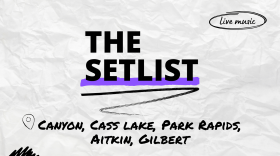 "The Setlist" and "Canyon, Cass Lake, Park Rapids, Aitkin, Gilbert" written over a crumpled paper background.