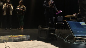 A copy of the script sits on stage at Miramar Cultural Center during a rehearsal earlier this month.