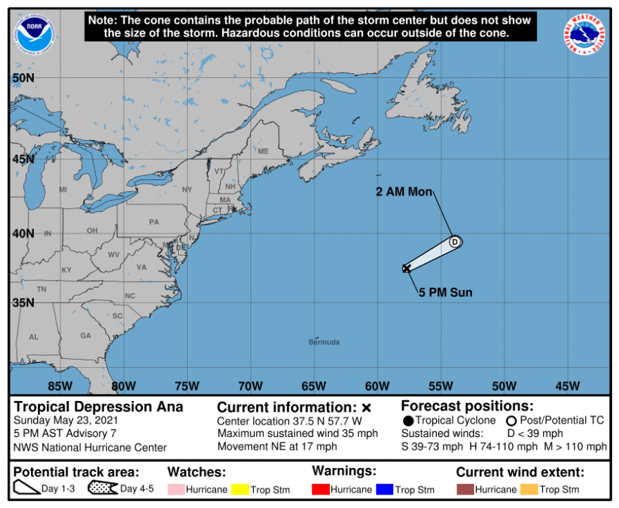Map showing tropical depression northeast of Bermuda, forecast track takes it further to the northeast, away from the U.S.