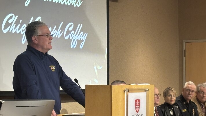 Wilkes-Barre Police Chief Joseph Coffay addresses the crowd at a celebration of his retirement from the department.