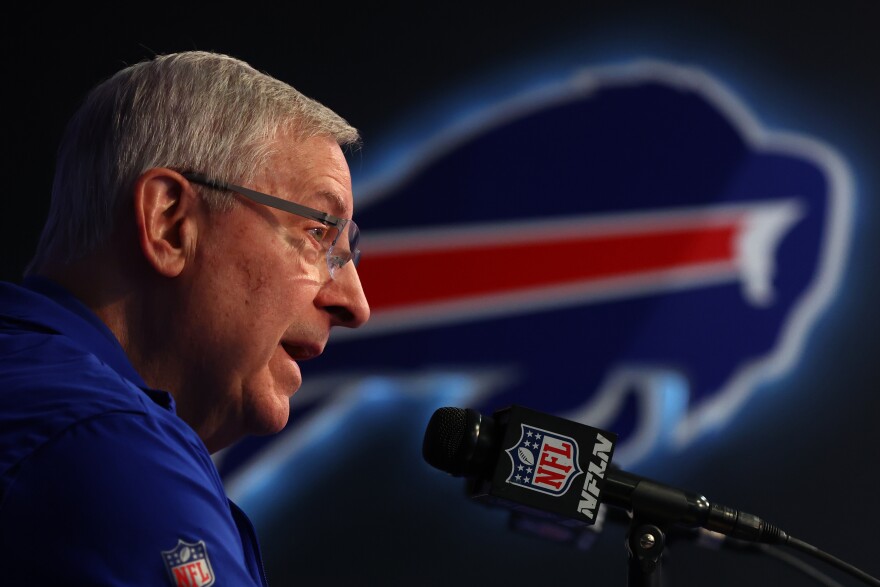 Buffalo Bills owner Terry Pegula speaks at a NFL football news conference in Orchard Park, N.Y., Wednesday, Jan 21, 2024.