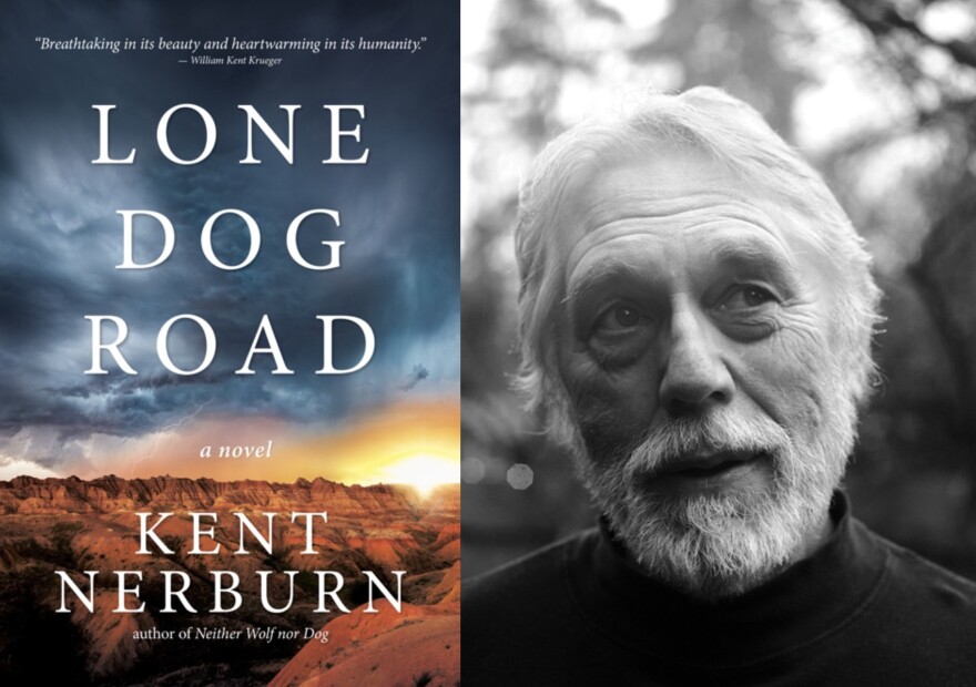 Cover for the book "Lone Dog Road" depicting a canyon prairie and stormy sky sunset; to the right is a black and white photograph of the author, Kent Nerburn.