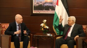 Special representative for international negotiations, Jason Greenblatt (L) and Palestinian President Mahmoud Abbas (R) meet in Ramallah, West Bank on May 25, 2017.