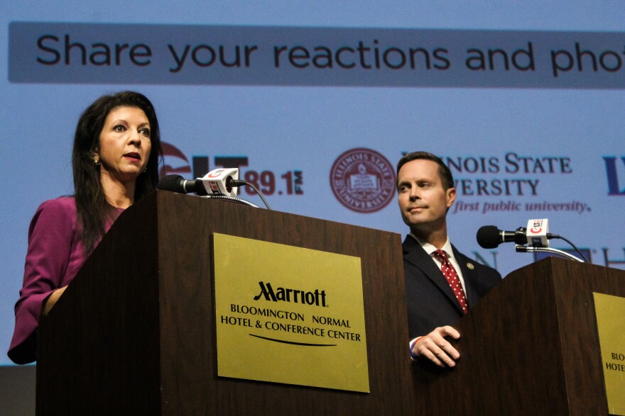 Democrat Betsy Dirksen Londrigan and U.S. Rep. Rodney Davis at a WGLT debate on Oct. 29, 2018, at the Normal Theater.