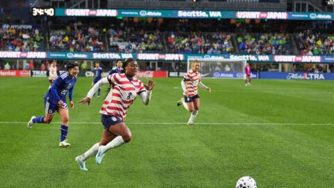 United States midfielder Jaedyn Shaw (8) pursues the ball near Japan's goal on the new hybrid grass field at Lumen Field during an international friendly soccer match on April 14, 2026, in Seattle. (Lindsey Wasson/AP)
