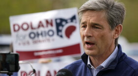 Republican U.S. Senate candidate Matt Dolan is interviewed while visiting a polling place at the Parma Heights Baptist Church in Parma Heights, Ohio, on Tuesday, May 3, 2022. (AP Photo/Gene J. Puskar)