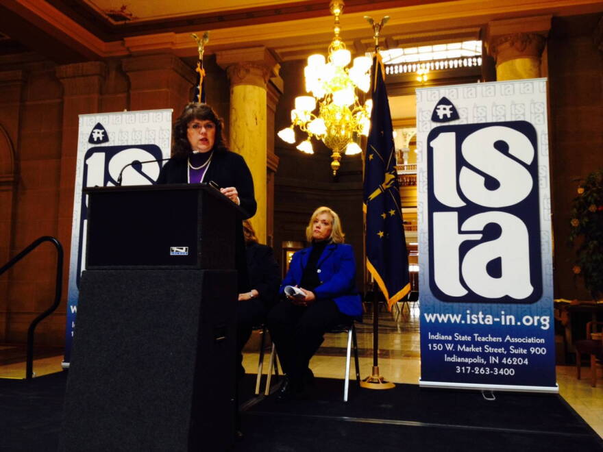 Indiana State Teachers Association President Teresa Meredith speaks at the Statehouse on Thursday, Jan. 8, 2015.
