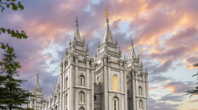 The Church of Jesus Christ of Latter-day Saints Salt Lake Temple at sunset.