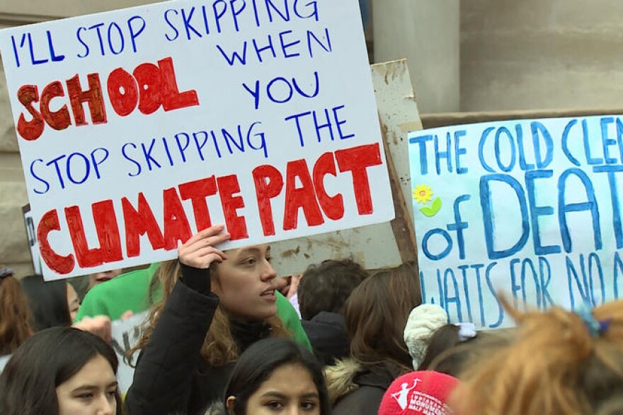 Signs at the Youth Climate Strike (Steve Burns/WTIU)