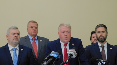 House Republican Leader Jason Buckel (center) presents his caucus's legislative agenda on Tuesday, January 13, 2026 in the Lowe House Office Building in Annapolis, Md.