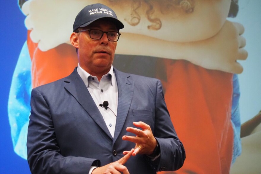 Mitch Roob, secretary of the Family and Social Services Administration, discusses the agency’s finances, including Medicaid costs, and upcoming challenges on Aug. 6, 2025, in Indianapolis.