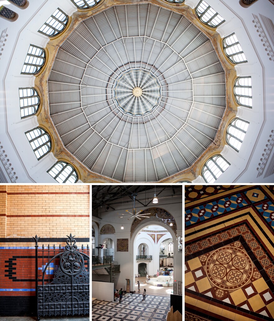 (Above) A detail of the building's rotunda. (Below) From the geometric patterns on its tiled floors to the friezes that frame interior arches, the Arts and Industries Building is an architectural hodgepodge of Moorish, Greek and Byzantine influences.