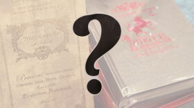Cover of two old books; question mark in the foreground