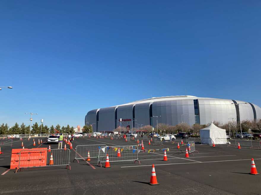 State Farm Stadium in Glendale, Arizona, serves as a mass COVID-19 vaccination center. (Peter O'Dowd/Here & Now)