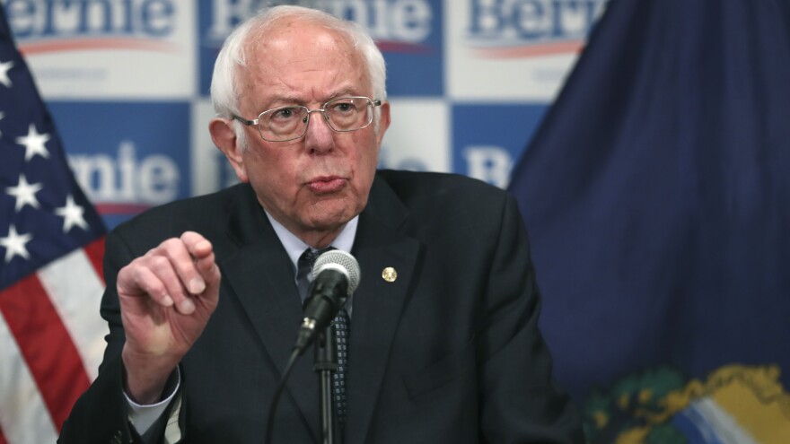 Democratic presidential candidate and Sen. Bernie Sanders, I-Vt., speaks to reporters about coronavirus Thursday in Burlington, Vt.