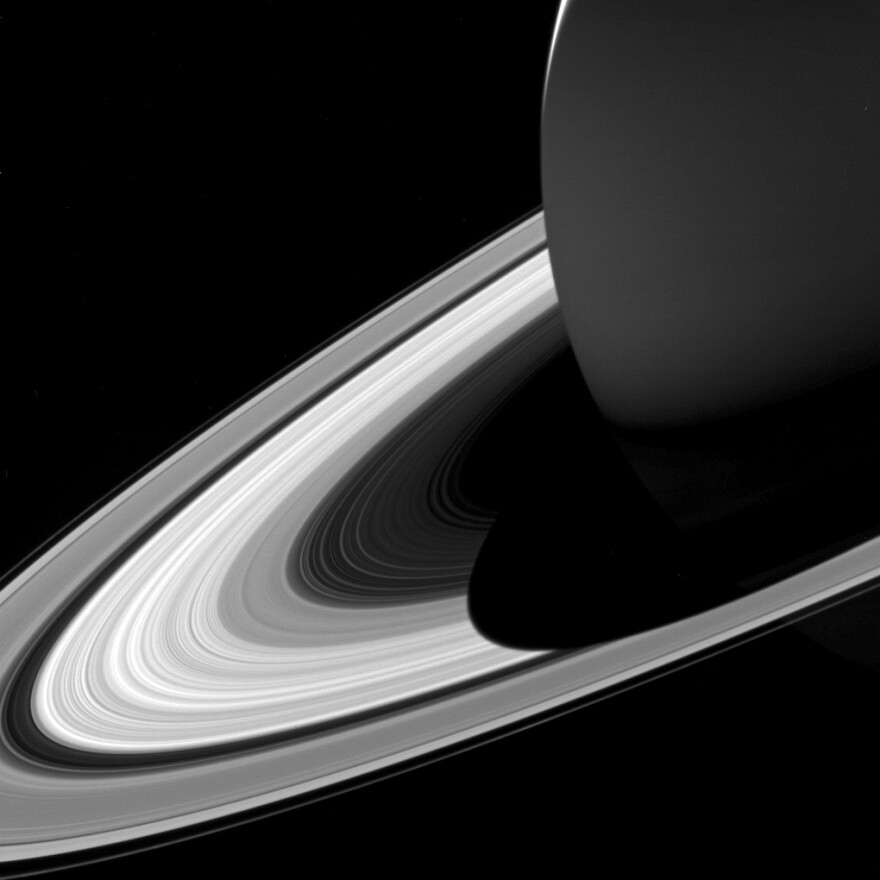 This Feb. 3, 2017 image made available by NASA shows Saturn's shadow on its rings as seen from the Cassini spacecraft. (NASA/JPL-Caltech/Space Science Institute via AP)