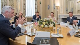 Former Indiana Gov. Eric Holcomb, former IEDC leader David Rosenberg and the Hoosier State’s delegation meet with Flanders Minister-President Jan Jambon on June 4, 2024 in Belgium. The agency’s foundation footed the bill for this and other economic development trips.