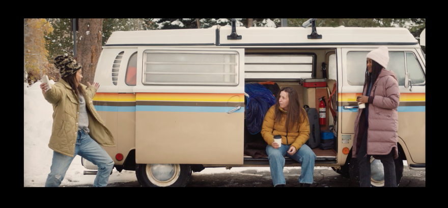 Katie Burrell (center), Jadyn Wong (left) and Chelsea Conwright star in “Weak Layers,” a new ski comedy that Burrell directed and co-wrote. The film draws inspiration from classic ski movies and Burrell’s own lived experience. 