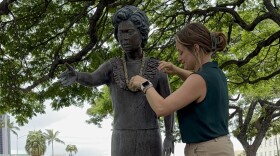 A lei draping is held at the Patsy T. Mink statue at the Hawaiʻi State Library to mark the 54th anniversary of the signing of Title IX. (June 23, 2026)