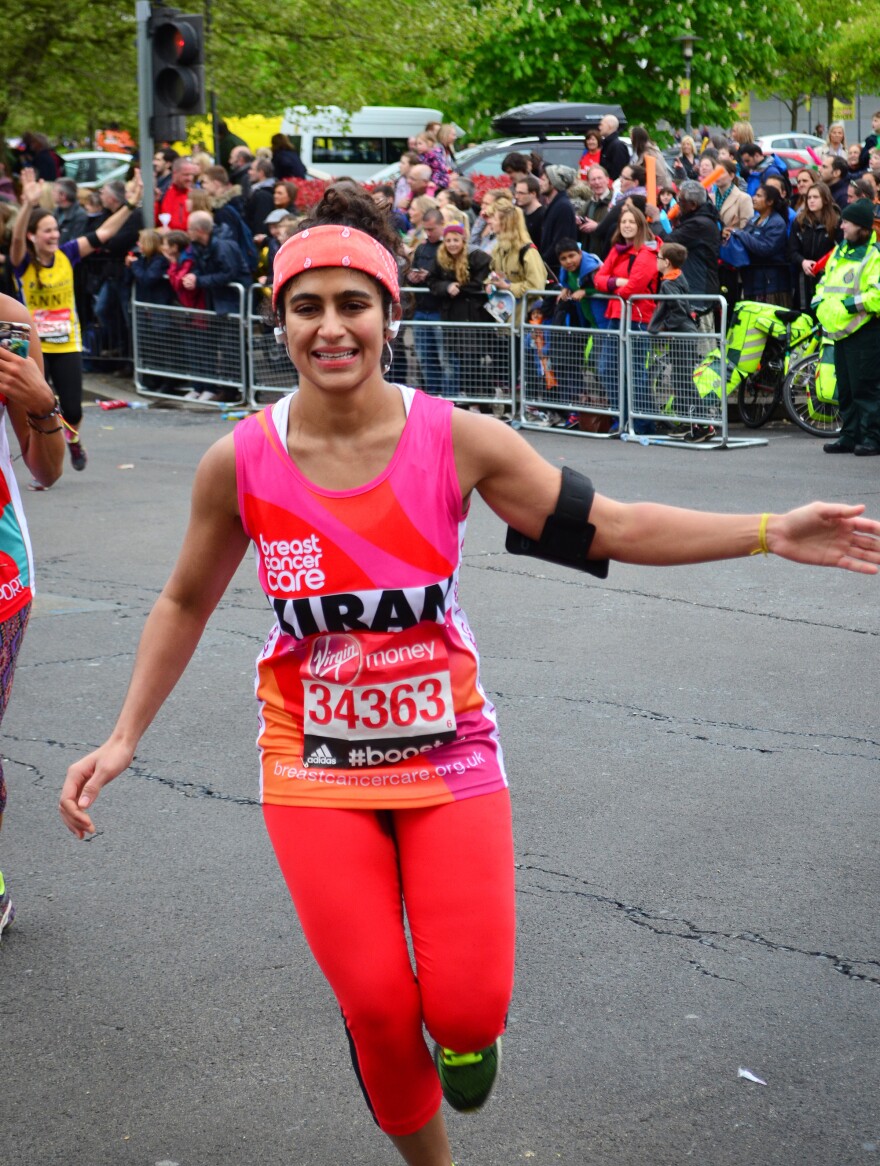 Kiran Gandhi didn't use feminine hygiene products while running the London Marathon, and finished the race with a stain on her leggings — part of her efforts to fight the stigma surrounding menstruation.