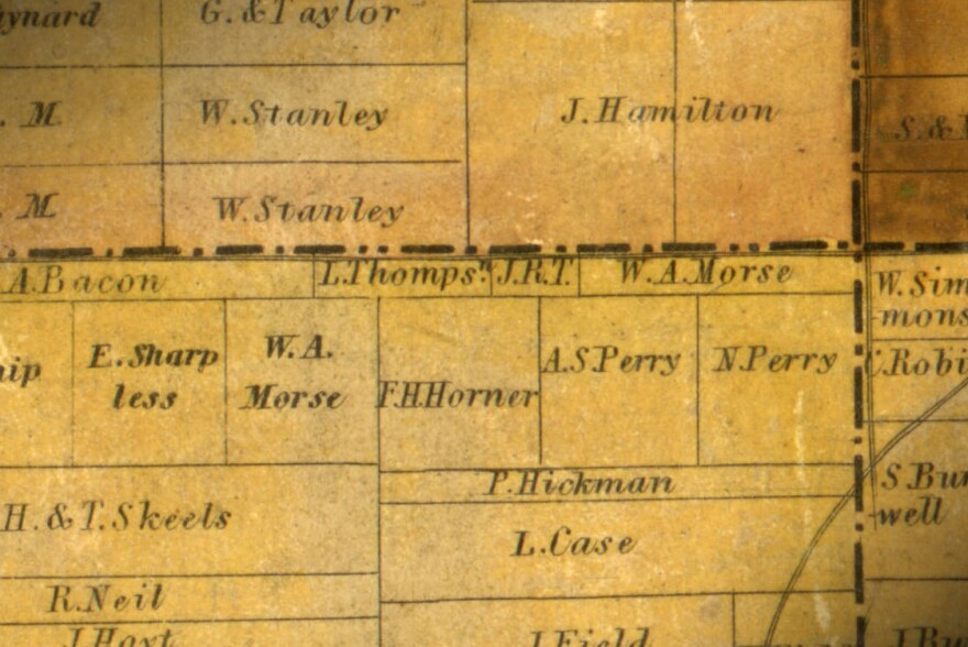 Map of Franklin County in 1842 shows plots of land with names of owners.