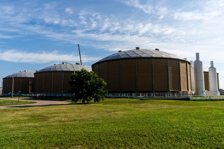 Buidings where wastewater is put through a trickling filter, which includes algae eating away at floating debris, are pictured on Tuesday, June 28, 2022, at the Bissell Point Water Treatment Plant in north St. Louis.