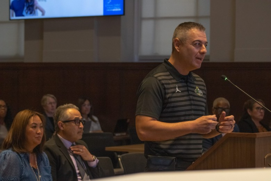 Antonio Sanchez, principal of Calwa Elementary School, speaks at the Fresno Unified board meeting on Aug. 26.