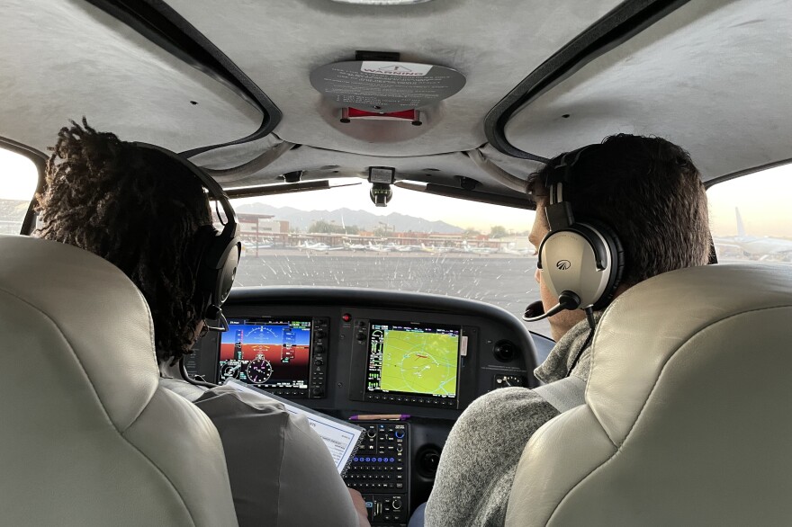 A student pilot and flight instructor prepare to take off on a training flight outside of Phoenix.