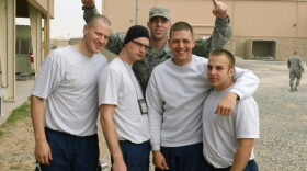 Battle buddies (left to right) Chad Keever, Matt Bauer, Barry Roberts, Glover, and Jeff McCannon on deployment to Kuwait.