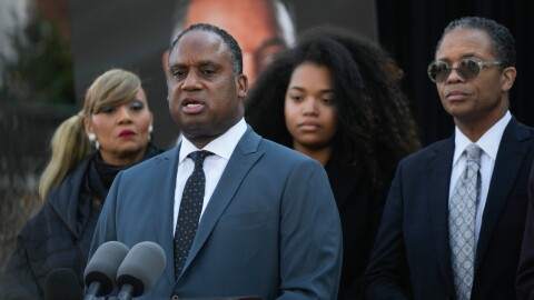 Congressman Jonathan Jackson speaks during a news conference regarding the death of his father, the Rev. Jesse Jackson, outside the family home Wednesday, Feb. 18, 2026, in Chicago. (AP Photo/Erin Hooley)