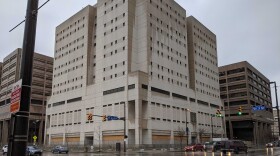 The current Cuyahoga County Jail in Downtown Cleveland, with ground floor windows boarded up after 2020 protests centered around the Justice Center led to clashes between police and demonstrators.