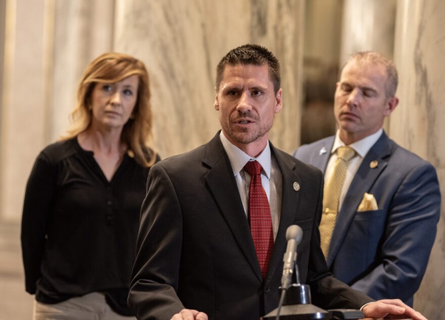 Sen. Andrew Koenig, R-Manchester, answers questions about his bill that would expand MOScholars during a press conference Thursday (Annelise Hanshaw/Missouri Independent).