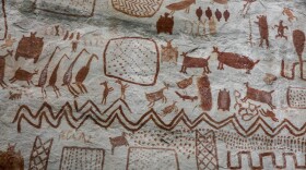 View of rock art at the Cerro Azul hill in Serrania La Lindosa in the Amazonian jungle department of Guaviare, Colombia, on June 8, 2018. (Guillermo Legaria/AFP via Getty Images)