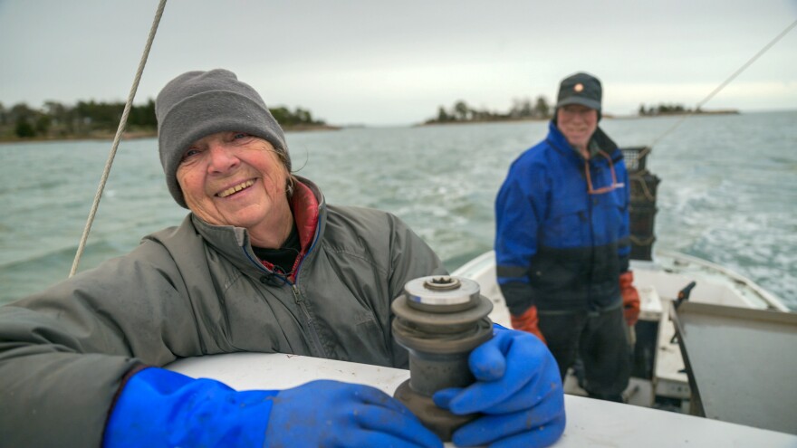 Heading for shore after a snow-filled oyster harvest of Leetes Island Oysters, Gretchen Granbery shares a laugh with her husband Kim. Gretchen and her husband Kim raise the oysters from wild seeds in estuaries before bringing them out to salt water beds where the oysters mature and are eventually harvested.