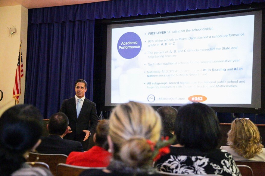 Superintendent Alberto Carvalho gives a presentation during a town hall meeting at Ponce de Leon Middle School in Coral Gables on Tuesday, Oct. 16.