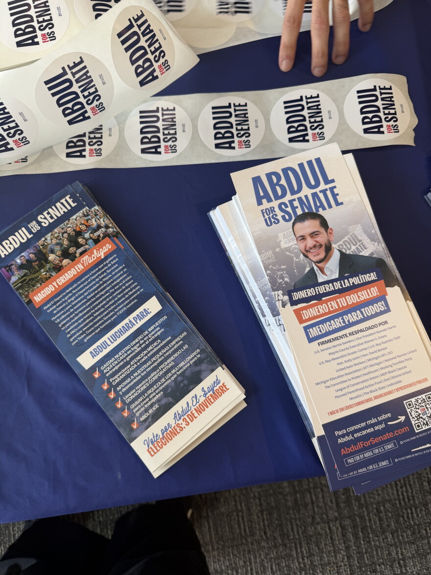Spanish language flyers at a campaign rally for Democratic U.S. Senate Candidate Abdul El-Sayed