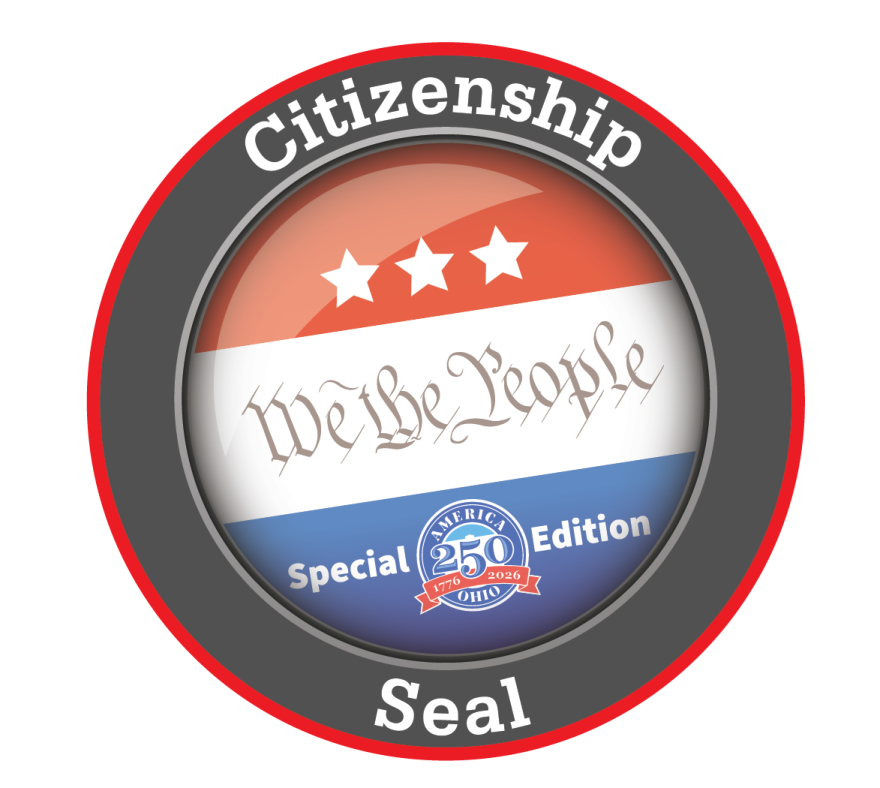 round sticker reading: Citizenship Seal - We The People - Special America 250 Ohio Edition